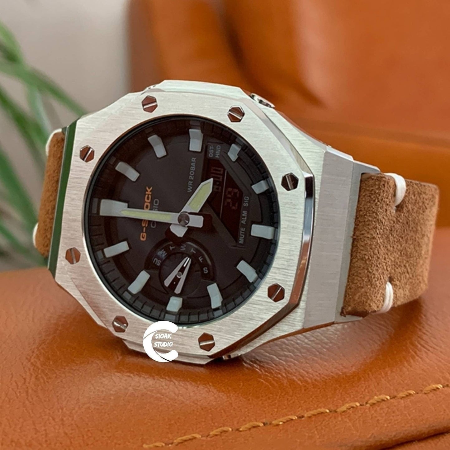 Casioak Mod Watch Silver Case Brown Leather Strap Black Luminous Time Mark Black Dial 44mm- Casioak Mod Casio G-Shock Royal Oak Custom Mens Luxury Watches Ga2100