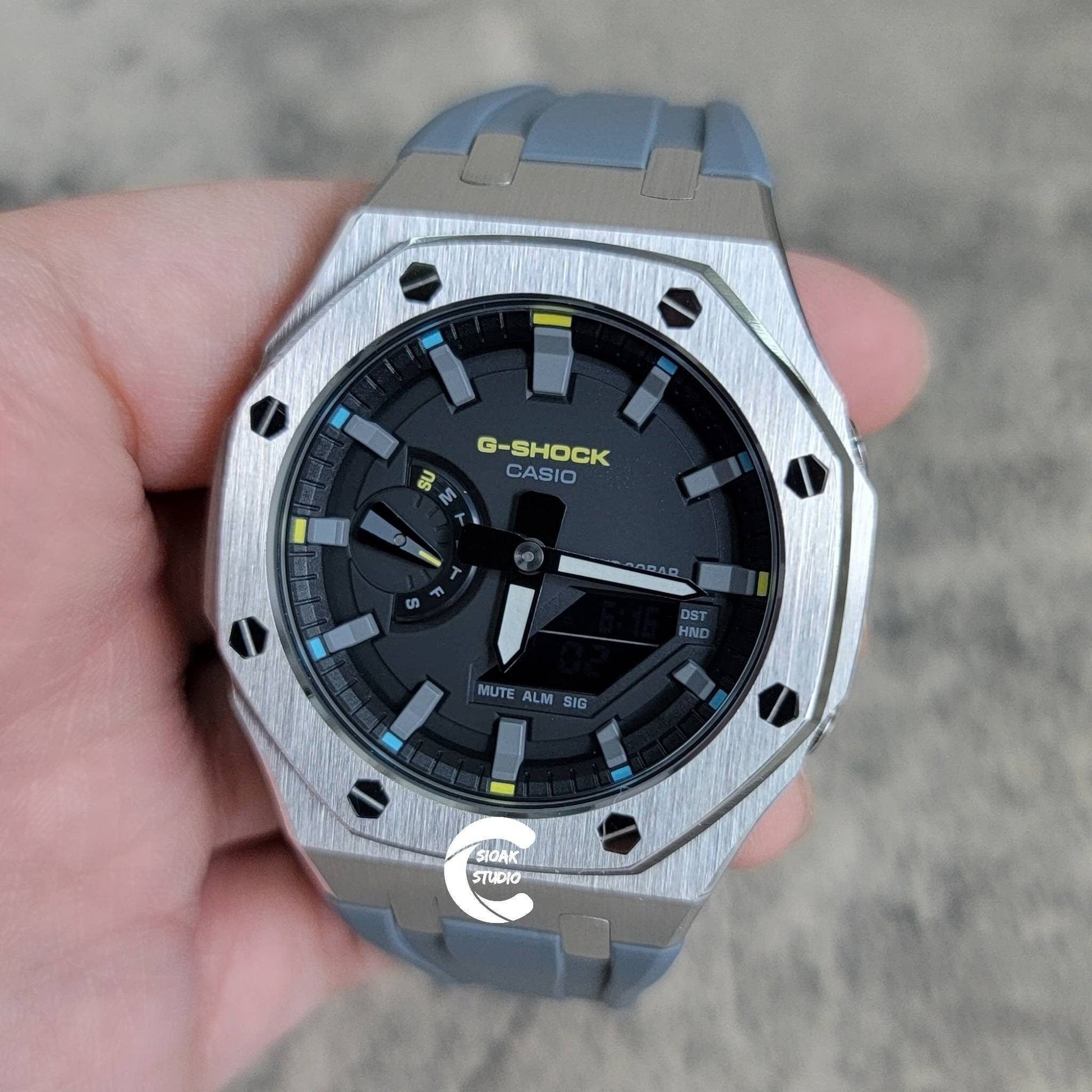 Casioak Mod Watch Silver Case Gray Rubber Strap Black Gray Time Mark Black Dial 44mm- Casioak Mod Casio G-Shock Royal Oak Custom Mens Luxury Watches Ga2100