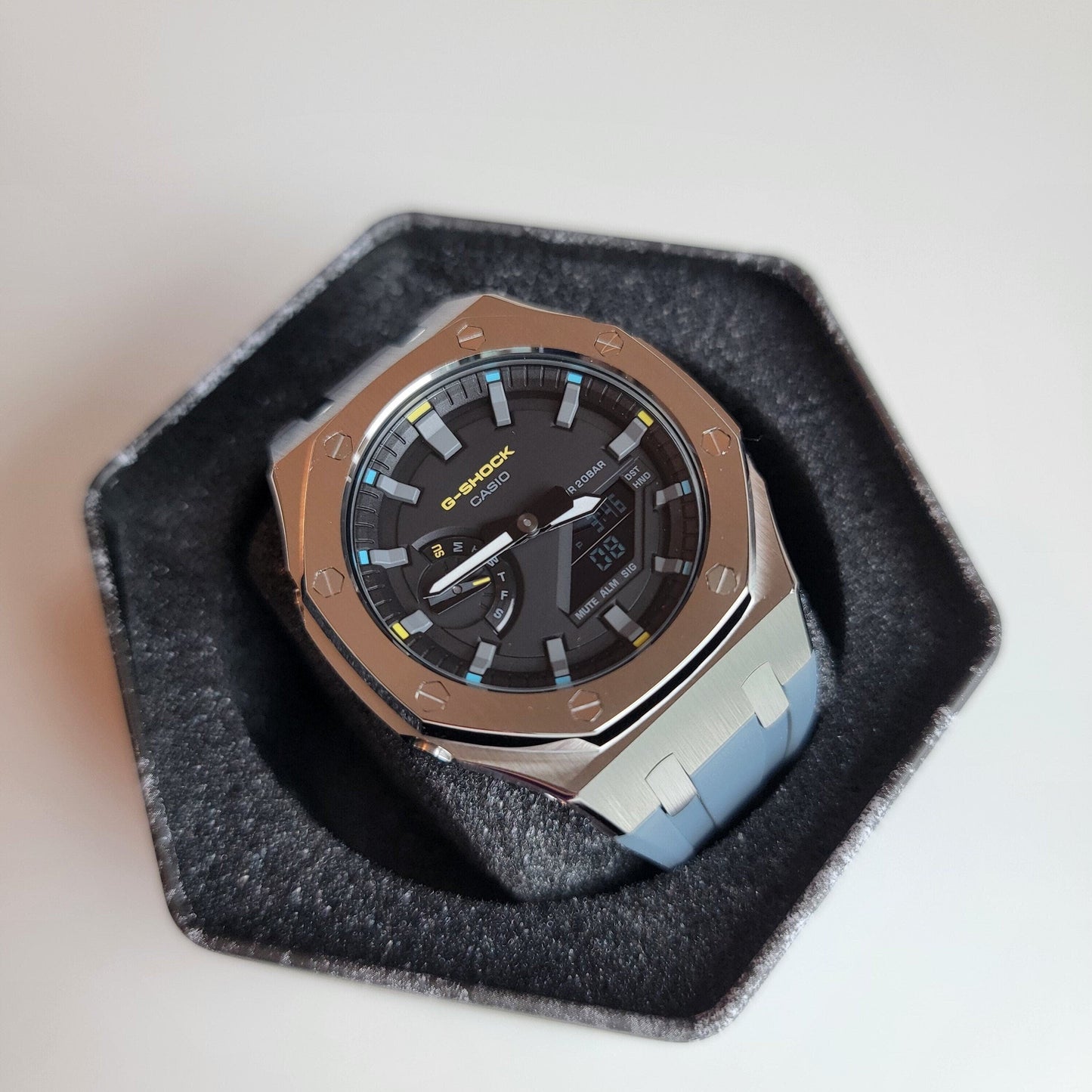 Casioak Mod Watch Silver Case Gray Rubber Strap Black Gray Time Mark Black Dial 44mm- Casioak Mod Casio G-Shock Royal Oak Custom Mens Luxury Watches Ga2100