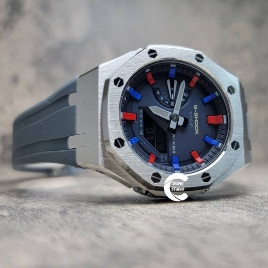 Casioak Mod Watch Silver Case Gray Rubber Strap Blue Red Time Mark Blue Dial 44mm- Casioak Mod Casio G-Shock Royal Oak Custom Mens Luxury Watches Ga2100