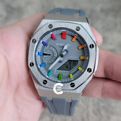 Casioak Mod Watch Silver Case Gray Rubber Strap Gray Rainbow Time Mark Gray Dial 44mm- Casioak Mod Casio G-Shock Royal Oak Custom Mens Luxury Watches Ga2100