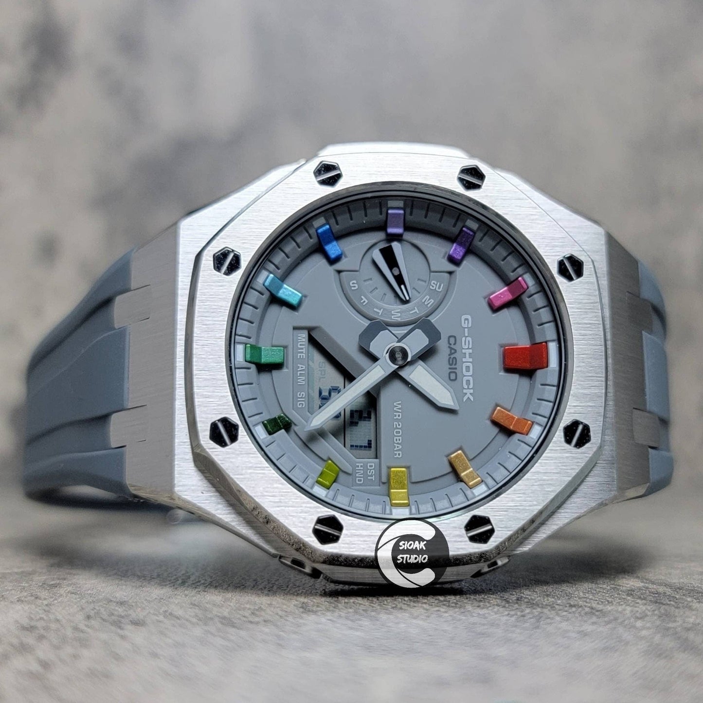 Casioak Mod Watch Silver Case Gray Rubber Strap Gray Rainbow Time Mark Gray Dial 44mm- Casioak Mod Casio G-Shock Royal Oak Custom Mens Luxury Watches Ga2100