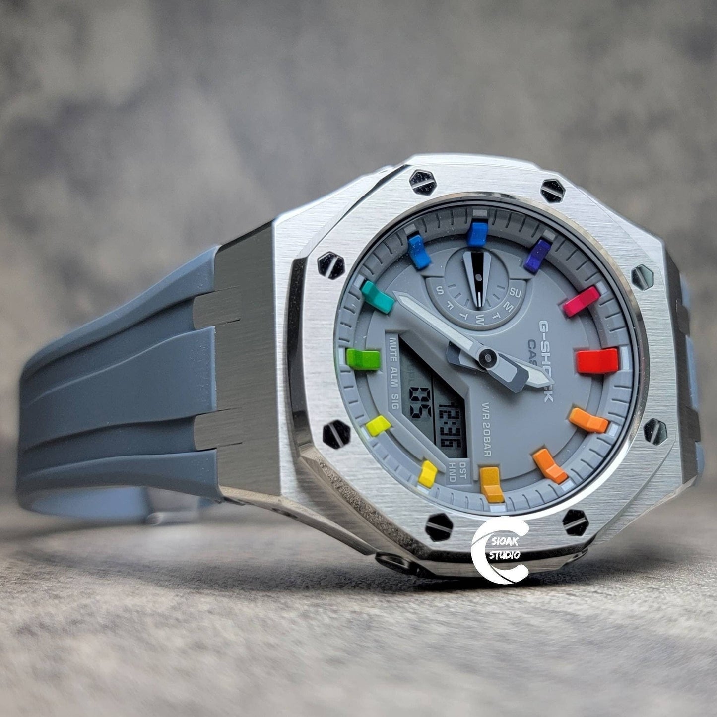 Casioak Mod Watch Silver Case Gray Rubber Strap Gray Rainbow Time Mark Gray Dial 44mm- Casioak Mod Casio G-Shock Royal Oak Custom Mens Luxury Watches Ga2100