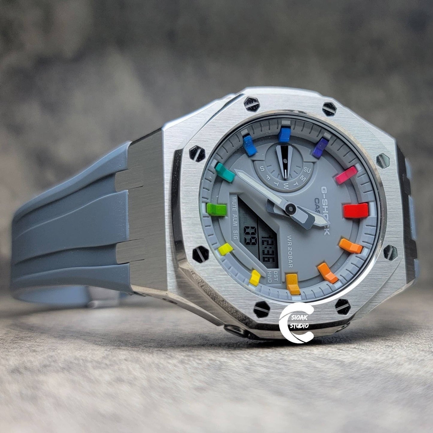 Casioak Mod Watch Silver Case Gray Rubber Strap Gray Rainbow Time Mark Gray Dial 44mm- Casioak Mod Casio G-Shock Royal Oak Custom Mens Luxury Watches Ga2100