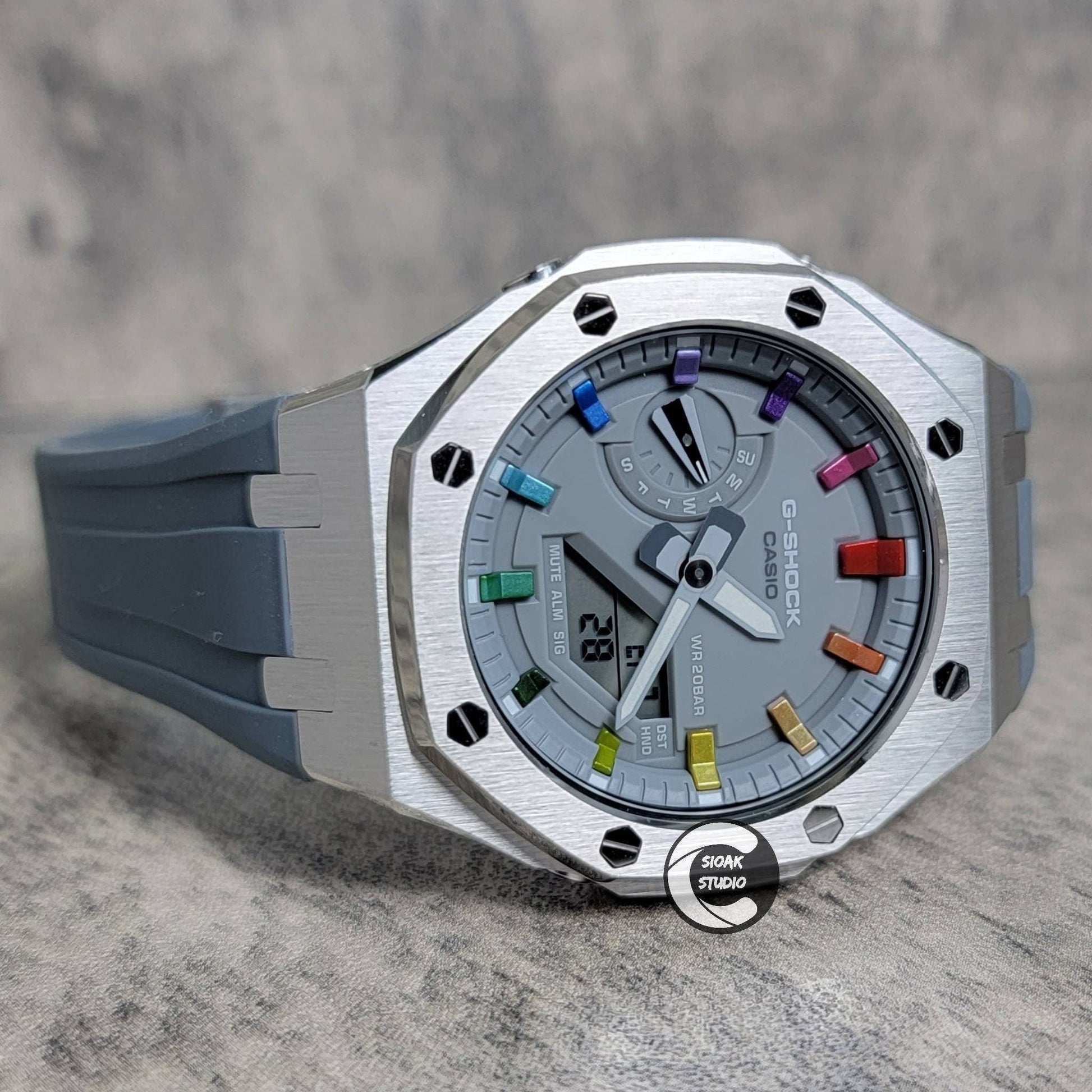 Casioak Mod Watch Silver Case Gray Rubber Strap Gray Rainbow Time Mark Gray Dial 44mm- Casioak Mod Casio G-Shock Royal Oak Custom Mens Luxury Watches Ga2100