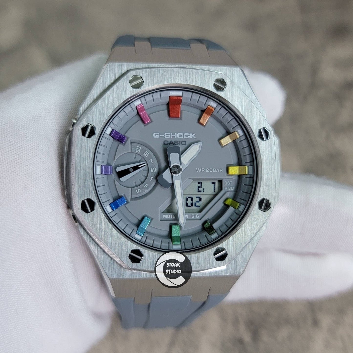 Casioak Mod Watch Silver Case Gray Rubber Strap Gray Rainbow Time Mark Gray Dial 44mm- Casioak Mod Casio G-Shock Royal Oak Custom Mens Luxury Watches Ga2100