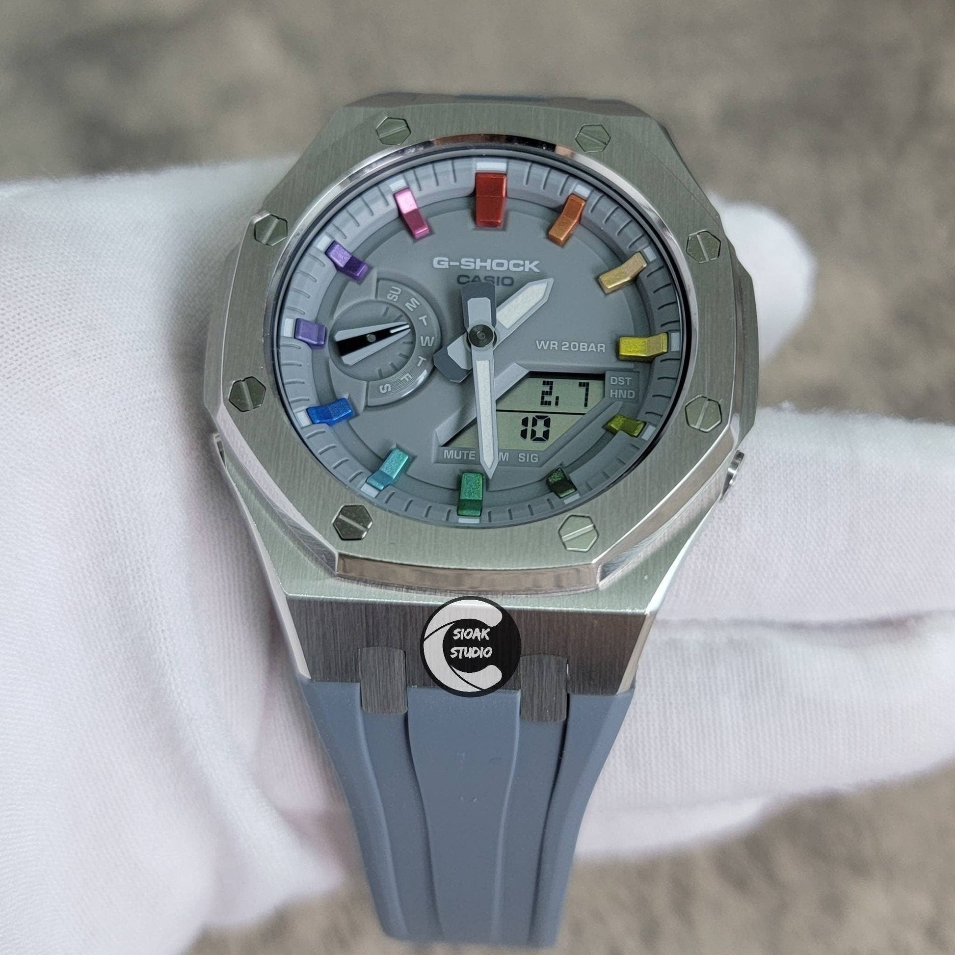 Casioak Mod Watch Silver Case Gray Rubber Strap Gray Rainbow Time Mark Gray Dial 44mm- Casioak Mod Casio G-Shock Royal Oak Custom Mens Luxury Watches Ga2100