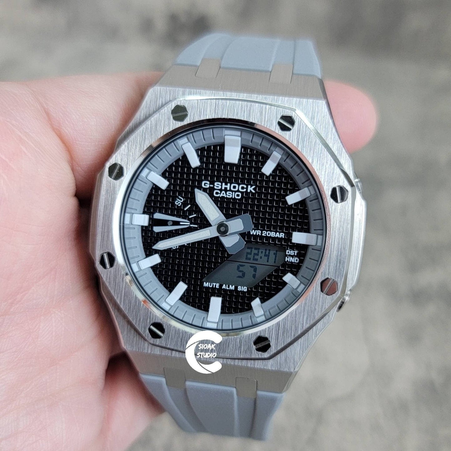 Casioak Mod Watch Silver Case Gray Rubber Strap Gray Whtie Time Mark Black Dial 44mm- Casioak Mod Casio G-Shock Royal Oak Custom Mens Luxury Watches Ga2100