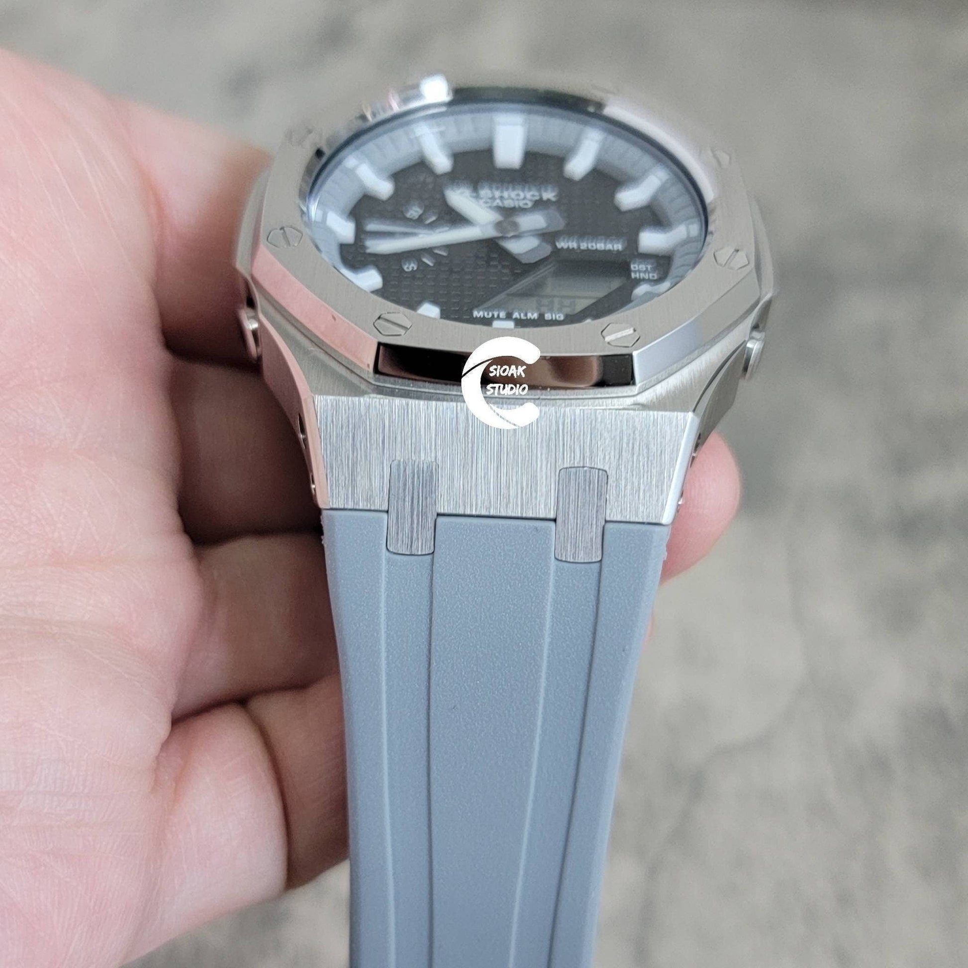 Casioak Mod Watch Silver Case Gray Rubber Strap Gray Whtie Time Mark Black Dial 44mm- Casioak Mod Casio G-Shock Royal Oak Custom Mens Luxury Watches Ga2100