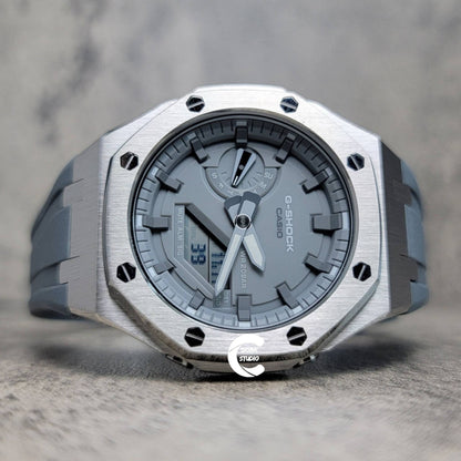 Casioak Mod Watch Silver Case Gray Rubber Strap Light Gray Time Mark Gray Dial 44mm- Casioak Mod Casio G-Shock Royal Oak Custom Mens Luxury Watches Ga2100