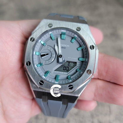 Casioak Mod Watch Silver Case Gray Rubber Strap Light Gray Turquoise Time Mark Gray Dial 44mm- Casioak Mod Casio G-Shock Royal Oak Custom Mens Luxury Watches Ga2100