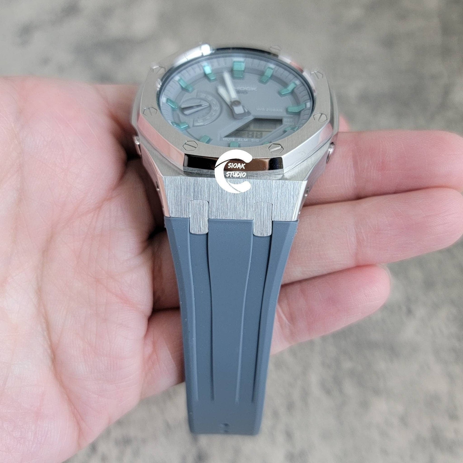 Casioak Mod Watch Silver Case Gray Rubber Strap Light Gray Turquoise Time Mark Gray Dial 44mm- Casioak Mod Casio G-Shock Royal Oak Custom Mens Luxury Watches Ga2100