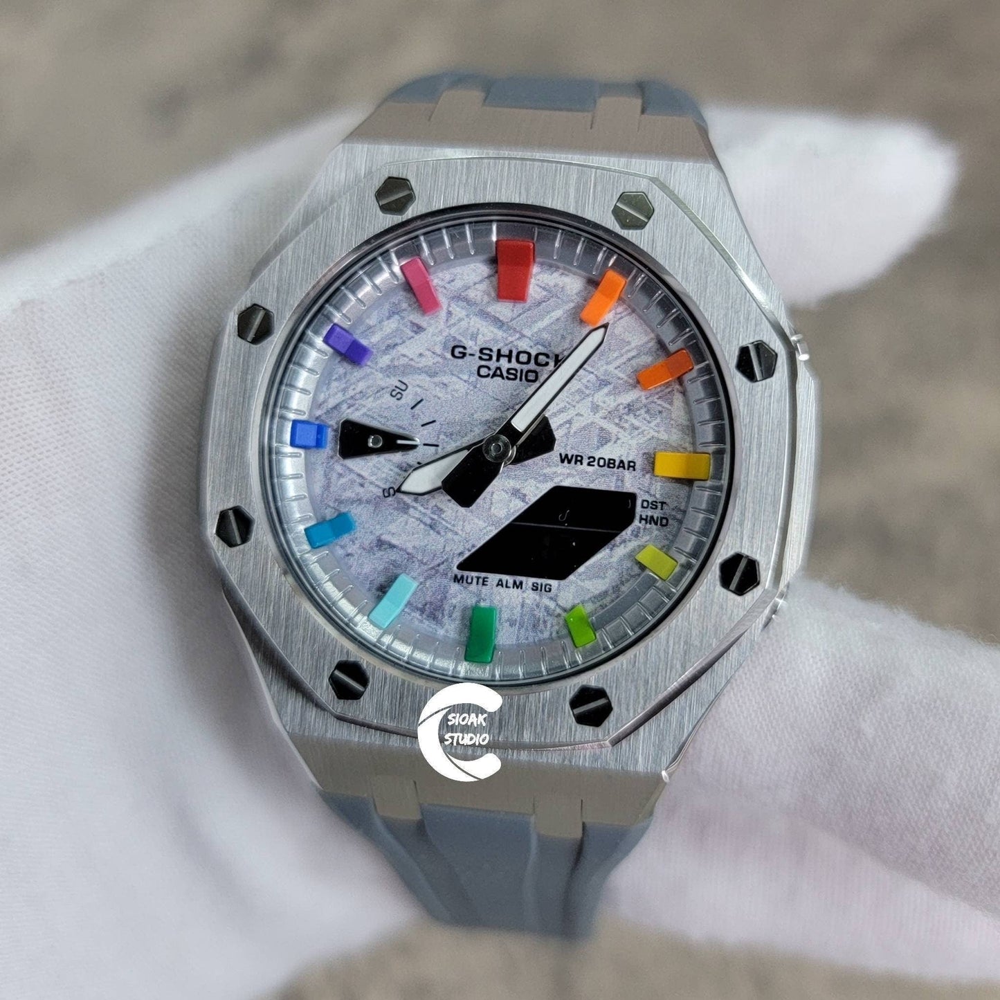 Casioak Mod Watch Silver Case Gray Rubber Strap Silver Rainbow Time Mark Meteorite Dial 44mm- Casioak Mod Casio G-Shock Royal Oak Custom Mens Luxury Watches Ga2100