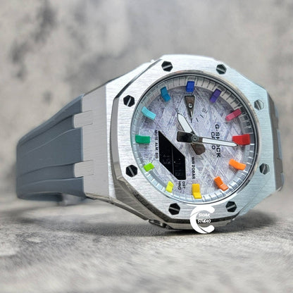 Casioak Mod Watch Silver Case Gray Rubber Strap Silver Rainbow Time Mark Meteorite Dial 44mm- Casioak Mod Casio G-Shock Royal Oak Custom Mens Luxury Watches Ga2100