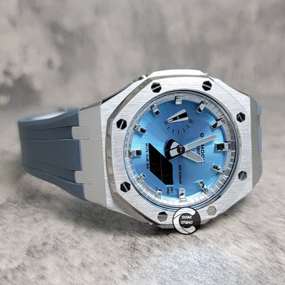 Casioak Mod Watch Silver Case Gray Rubber Strap Silver Time Mark Ice Blue Dial 44mm- Casioak Mod Casio G-Shock Royal Oak Custom Mens Luxury Watches Ga2100