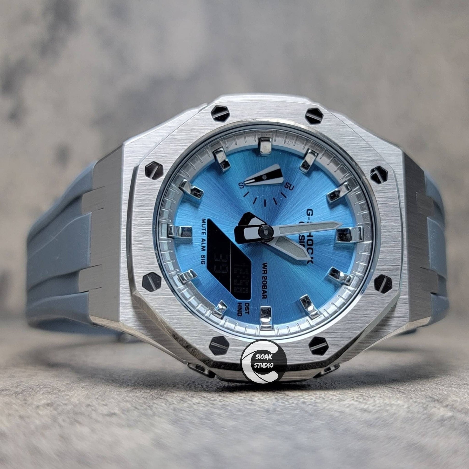 Casioak Mod Watch Silver Case Gray Rubber Strap Silver Time Mark Ice Blue Dial 44mm- Casioak Mod Casio G-Shock Royal Oak Custom Mens Luxury Watches Ga2100