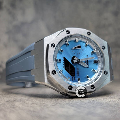 Casioak Mod Watch Silver Case Gray Rubber Strap Silver Time Mark Ice Blue Dial 44mm- Casioak Mod Casio G-Shock Royal Oak Custom Mens Luxury Watches Ga2100