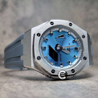 Casioak Mod Watch Silver Case Gray Rubber Strap Silver Time Mark Ice Blue Dial 44mm- Casioak Mod Casio G-Shock Royal Oak Custom Mens Luxury Watches Ga2100