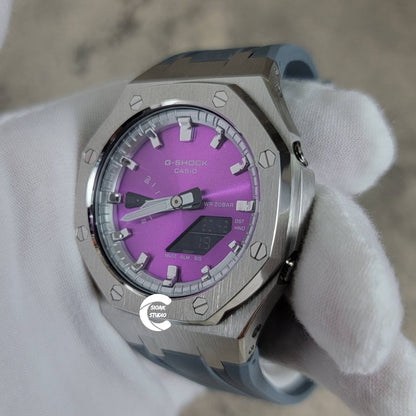 Casioak Mod Watch Silver Case Gray Rubber Strap Silver Time Mark Purple Dial 44mm- Casioak Mod Casio G-Shock Royal Oak Custom Mens Luxury Watches Ga2100