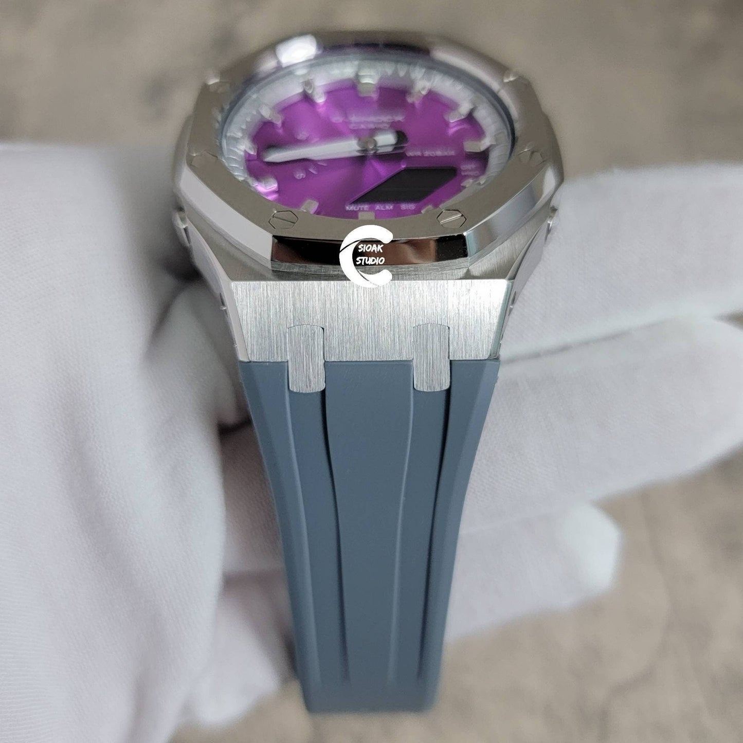 Casioak Mod Watch Silver Case Gray Rubber Strap Silver Time Mark Purple Dial 44mm- Casioak Mod Casio G-Shock Royal Oak Custom Mens Luxury Watches Ga2100