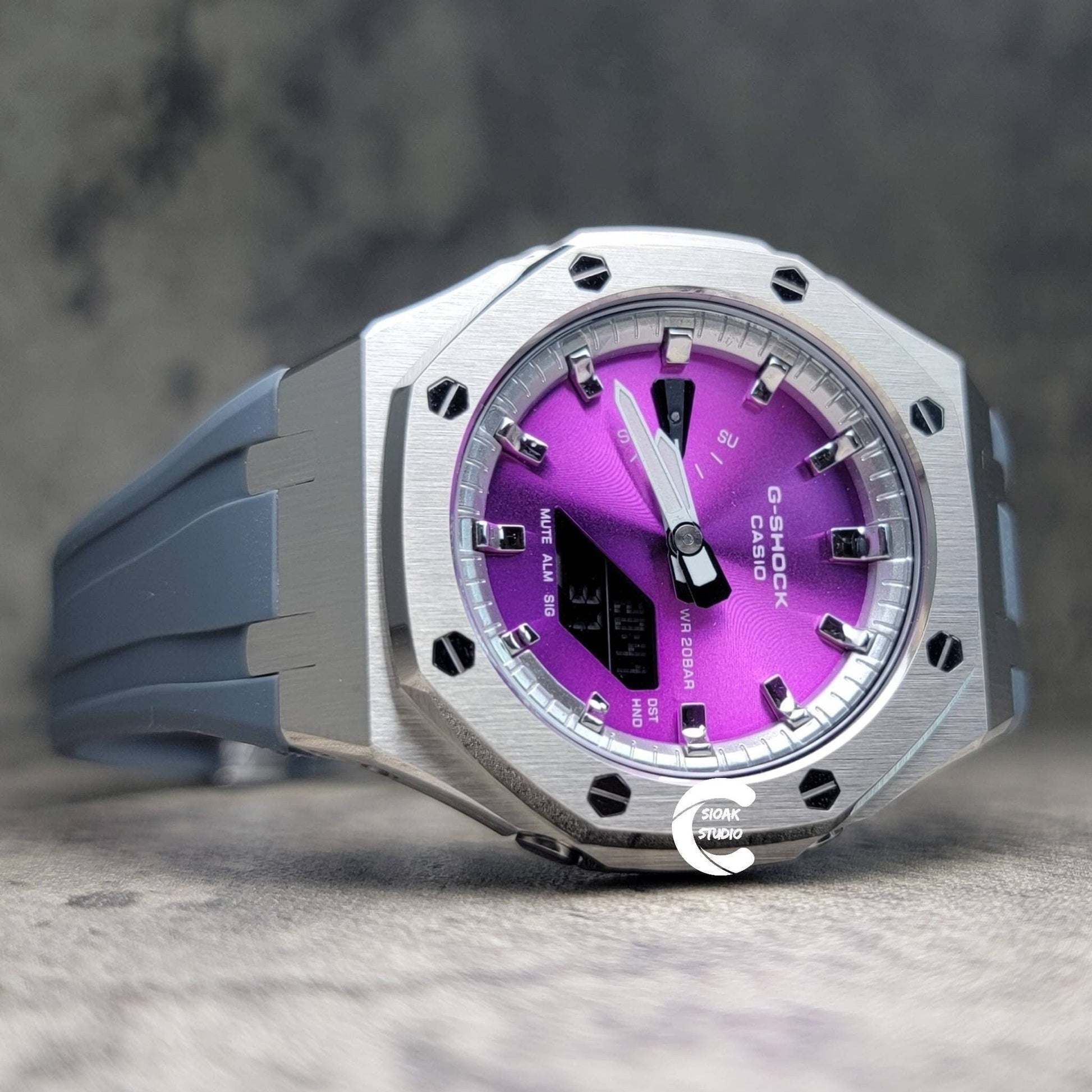 Casioak Mod Watch Silver Case Gray Rubber Strap Silver Time Mark Purple Dial 44mm- Casioak Mod Casio G-Shock Royal Oak Custom Mens Luxury Watches Ga2100