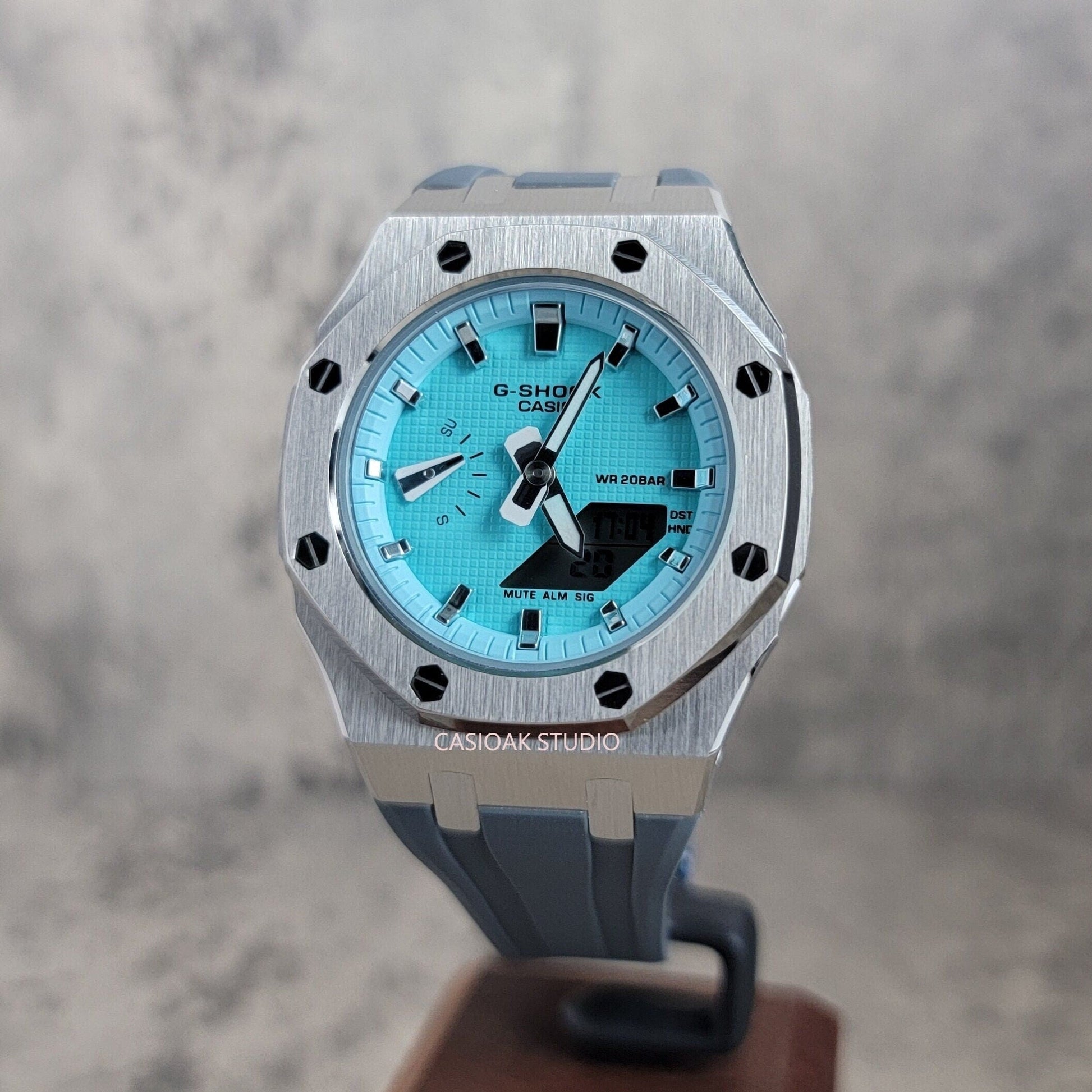 Casioak Mod Watch Silver Case Gray Rubber Strap Tiff Silver Time Mark Tiff Blue Dial 42mm- Casioak Mod Casio G-Shock Royal Oak Custom Mens Luxury Watches Ga2100