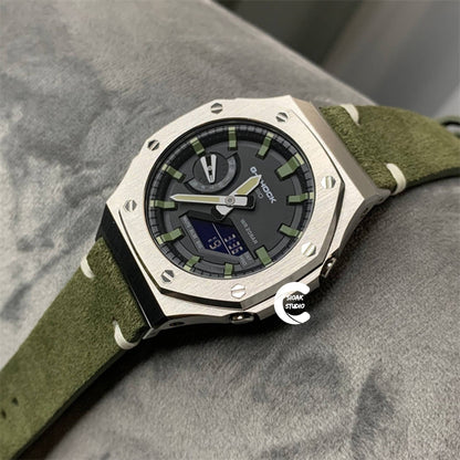 Casioak Mod Watch Silver Case Green Leather Strap Black Green Time Mark Black Dial 44mm- Casioak Mod Casio G-Shock Royal Oak Custom Mens Luxury Watches Ga2100