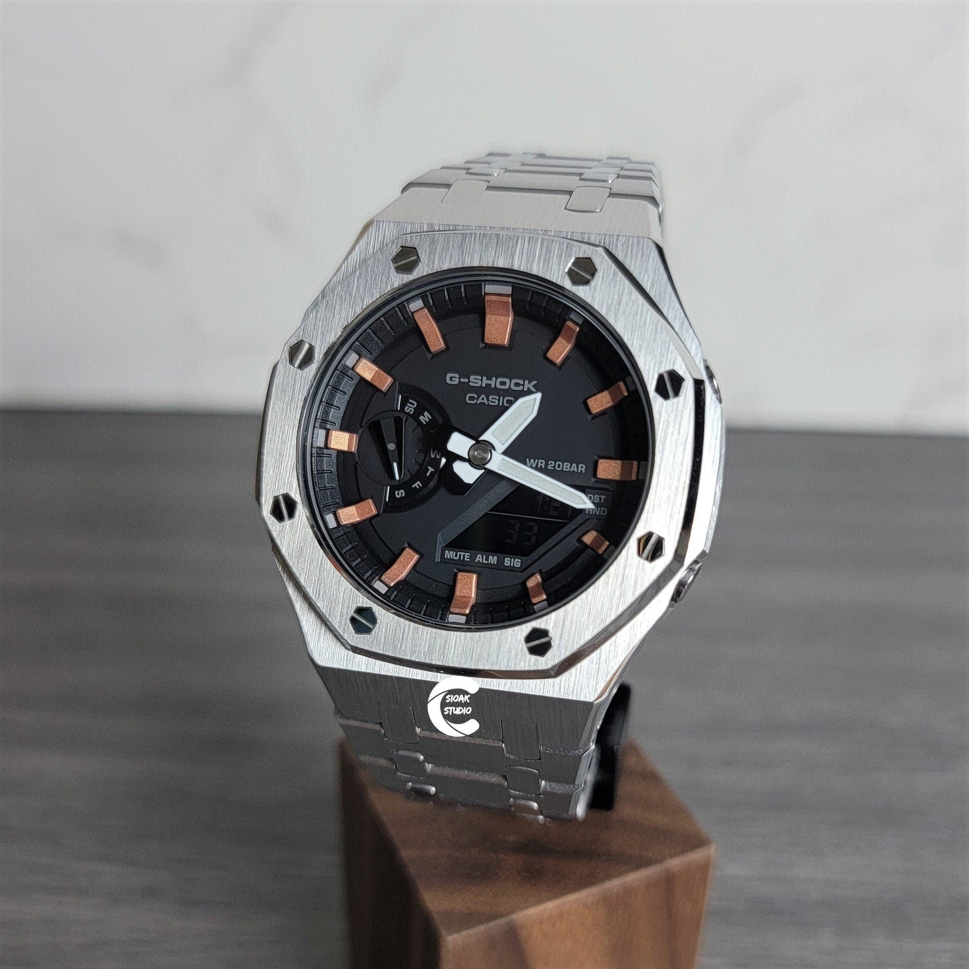 Casioak Mod Watch Silver Case Metal Strap Blacj Rose Gold Time Mark Black Dial 44mm- Casioak Mod Casio G-Shock Royal Oak Custom Mens Luxury Watches Ga2100