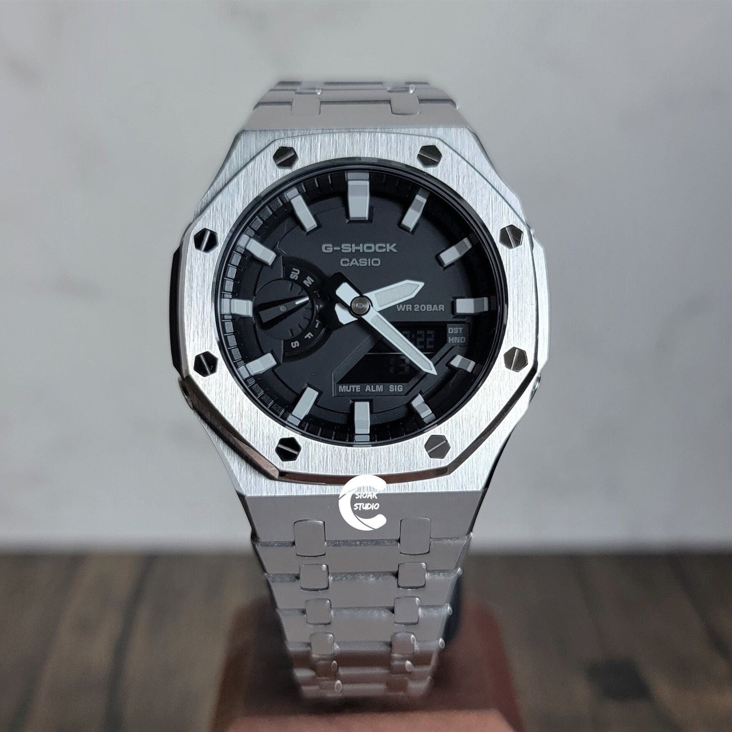 Casioak Mod Watch Silver Case Metal Strap Black Light Gray Time Mark Black Dial 44mm- Casioak Mod Casio G-Shock Royal Oak Custom Mens Luxury Watches Ga2100