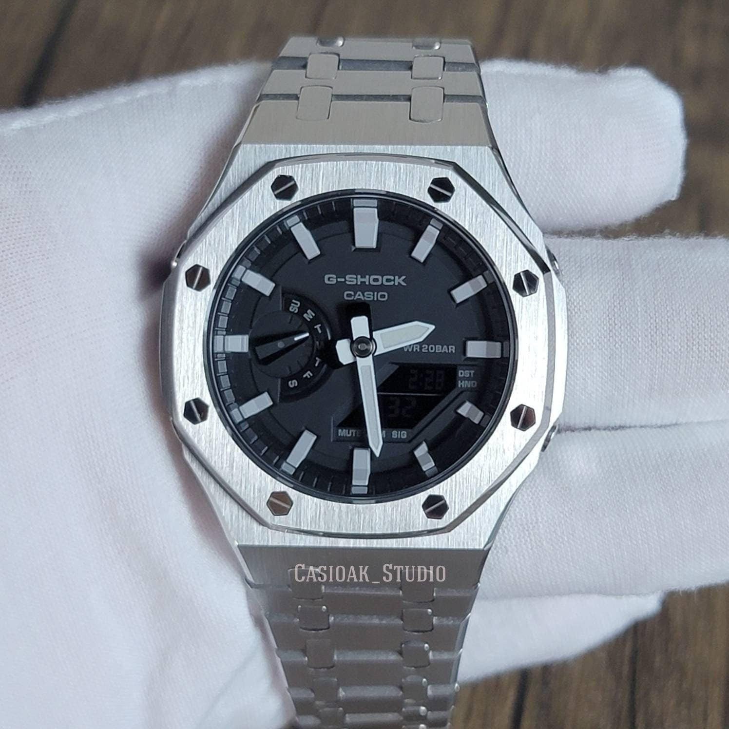 Casioak Mod Watch Silver Case Metal Strap Black Light Gray Time Mark Black Dial 44mm- Casioak Mod Casio G-Shock Royal Oak Custom Mens Luxury Watches Ga2100