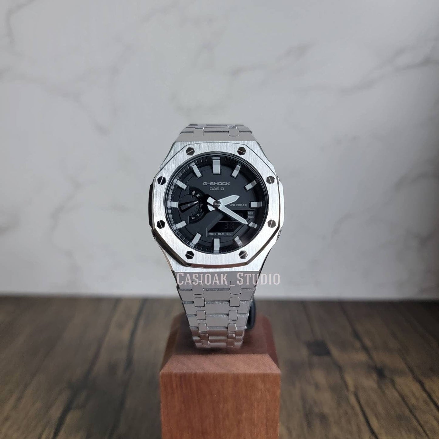 Casioak Mod Watch Silver Case Metal Strap Black Light Gray Time Mark Black Dial 44mm- Casioak Mod Casio G-Shock Royal Oak Custom Mens Luxury Watches Ga2100