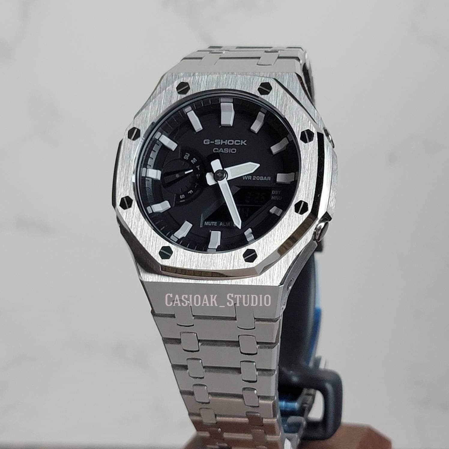 Casioak Mod Watch Silver Case Metal Strap Black Light Gray Time Mark Black Dial 44mm- Casioak Mod Casio G-Shock Royal Oak Custom Mens Luxury Watches Ga2100