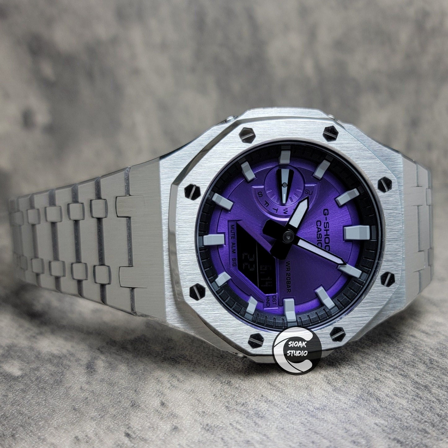 Casioak Mod Watch Silver Case Metal Strap Black Light Grey Time Mark Purple Dial 44mm- Casioak Mod Casio G-Shock Royal Oak Custom Mens Luxury Watches Ga2100