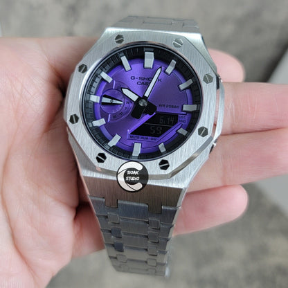 Casioak Mod Watch Silver Case Metal Strap Black Light Grey Time Mark Purple Dial 44mm- Casioak Mod Casio G-Shock Royal Oak Custom Mens Luxury Watches Ga2100