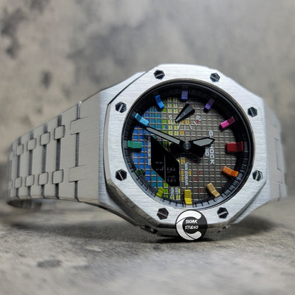 Casioak Mod Watch Silver Case Metal Strap Black Rainbow Time Mark Music Dial 44mm- Casioak Mod Casio G-Shock Royal Oak Custom Mens Luxury Watches Ga2100