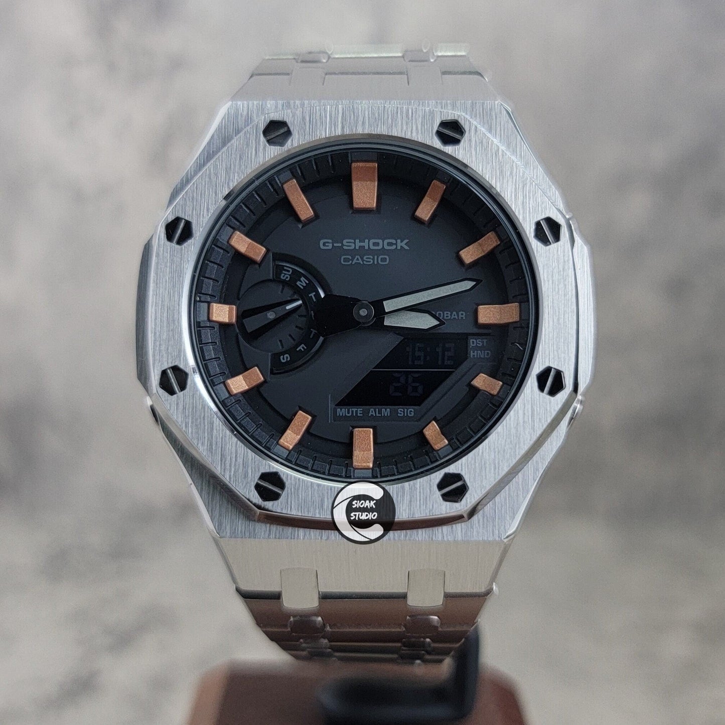 Casioak Mod Watch Silver Case Metal Strap Black Rose Gold Time Mark Black Dial 44mm- Casioak Mod Casio G-Shock Royal Oak Custom Mens Luxury Watches Ga2100