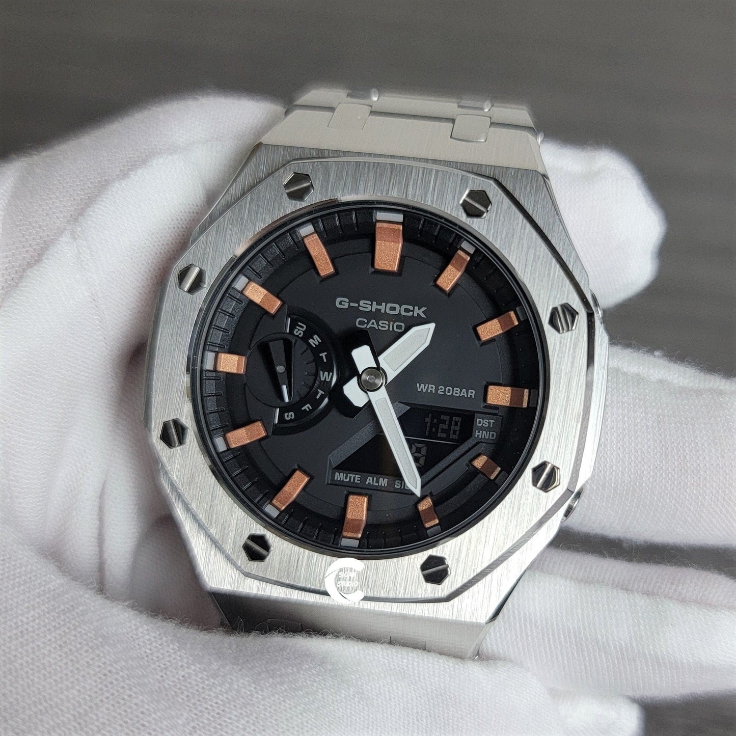 Casioak Mod Watch Silver Case Metal Strap Black Rose Gold Time Mark Black Dial 44mm- Casioak Mod Casio G-Shock Royal Oak Custom Mens Luxury Watches Ga2100