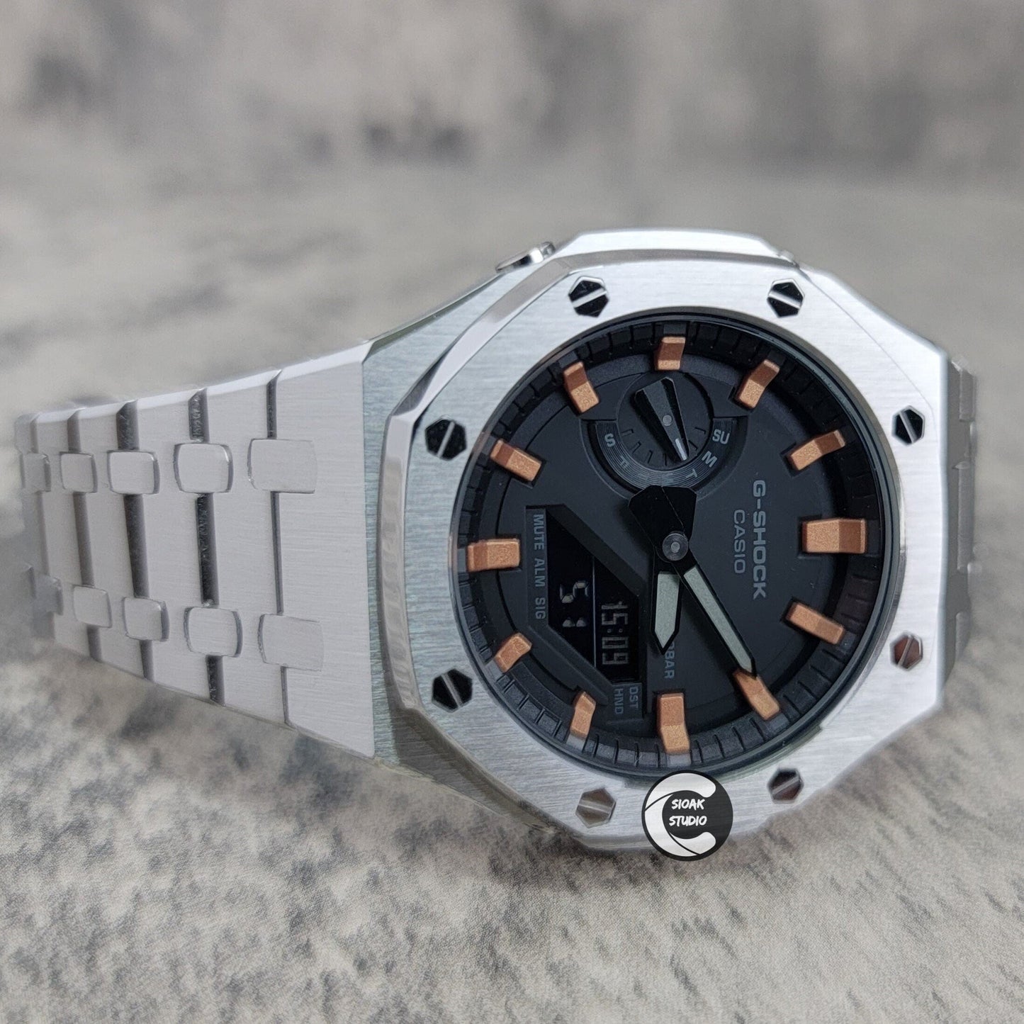 Casioak Mod Watch Silver Case Metal Strap Black Rose Gold Time Mark Black Dial 44mm- Casioak Mod Casio G-Shock Royal Oak Custom Mens Luxury Watches Ga2100