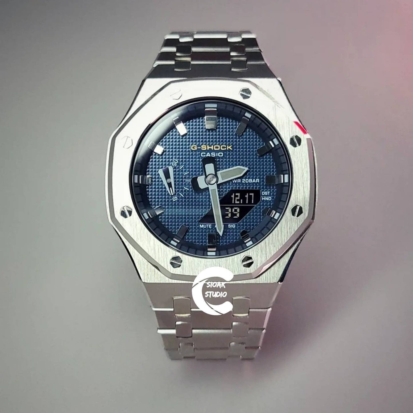 Casioak Mod Watch Silver Case Metal Strap Black Silver Time Mark Blue Dial 42mm Silver Button- Casioak Mod Casio G-Shock Royal Oak Custom Mens Luxury Watches Ga2100