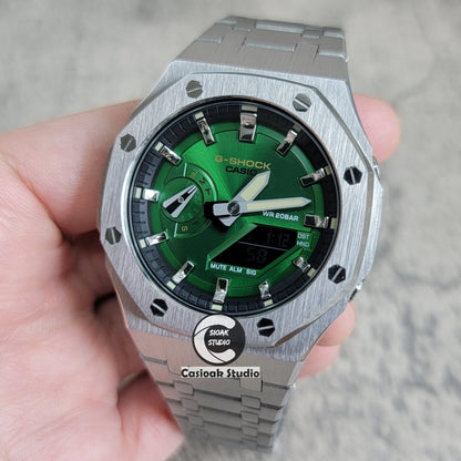 Casioak Mod Watch Silver Case Metal Strap Black Silver Time Mark Green Dial 44mm- Casioak Mod Casio G-Shock Royal Oak Custom Mens Luxury Watches Ga2100