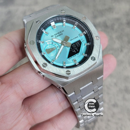 Casioak Mod Watch Silver Case Metal Strap Black Silver Time Mark Tiff Blue Dial 44mm- Casioak Mod Casio G-Shock Royal Oak Custom Mens Luxury Watches Ga2100