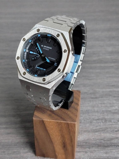 Casioak Mod Watch Silver Case Metal Strap Black Time Mark Black Dial 44mm Blue- Casioak Mod Casio G-Shock Royal Oak Custom Mens Luxury Watches Ga2100