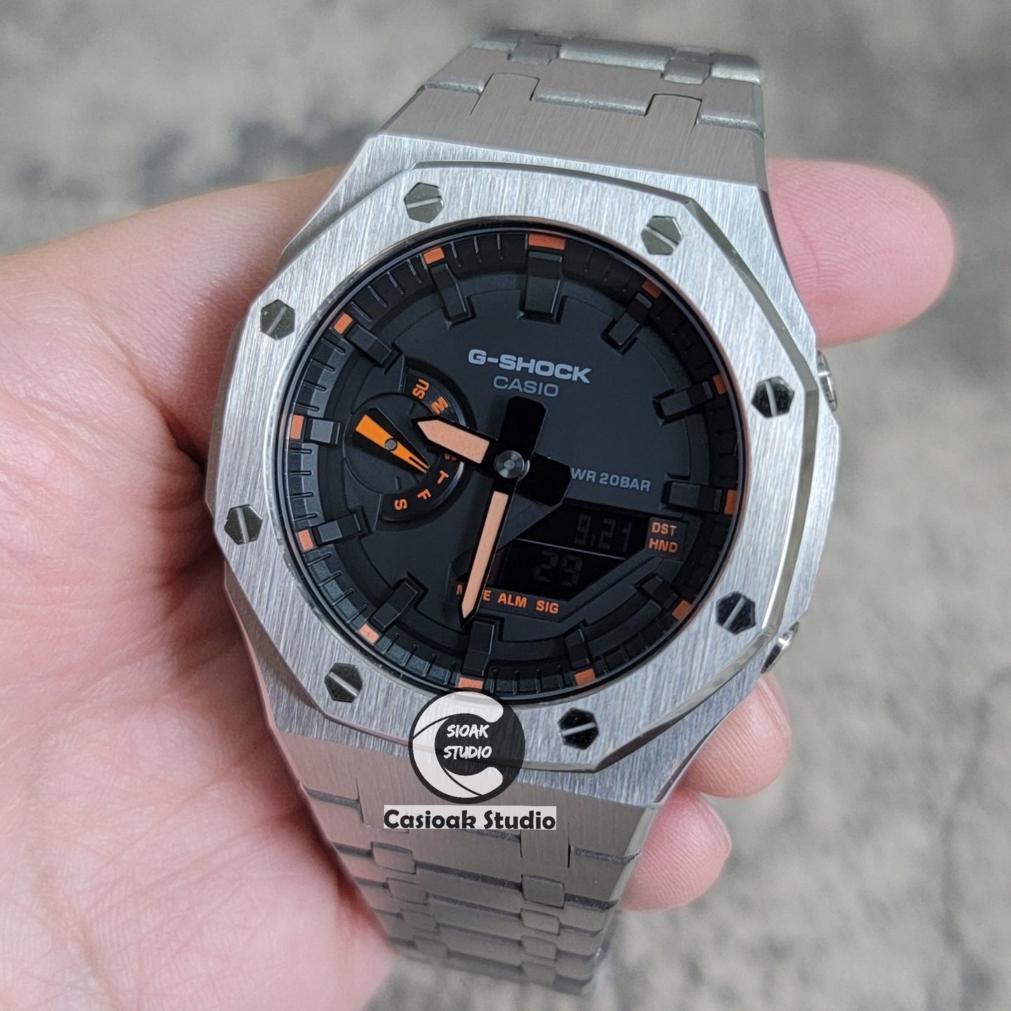 Casioak Mod Watch Silver Case Metal Strap Black Time Mark Black Dial Orange 44mm- Casioak Mod Casio G-Shock Royal Oak Custom Mens Luxury Watches Ga2100