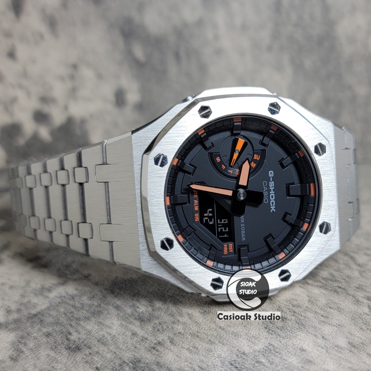 Casioak Mod Watch Silver Case Metal Strap Black Time Mark Black Dial Orange 44mm- Casioak Mod Casio G-Shock Royal Oak Custom Mens Luxury Watches Ga2100