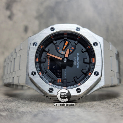 Casioak Mod Watch Silver Case Metal Strap Black Time Mark Black Dial Orange 44mm- Casioak Mod Casio G-Shock Royal Oak Custom Mens Luxury Watches Ga2100