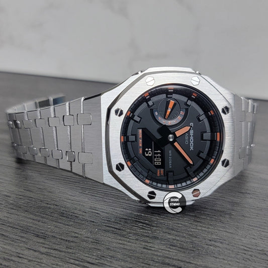 Casioak Mod Watch Silver Case Metal Strap Black Time Mark Black Dial Orange 44mm- Casioak Mod Casio G-Shock Royal Oak Custom Mens Luxury Watches Ga2100