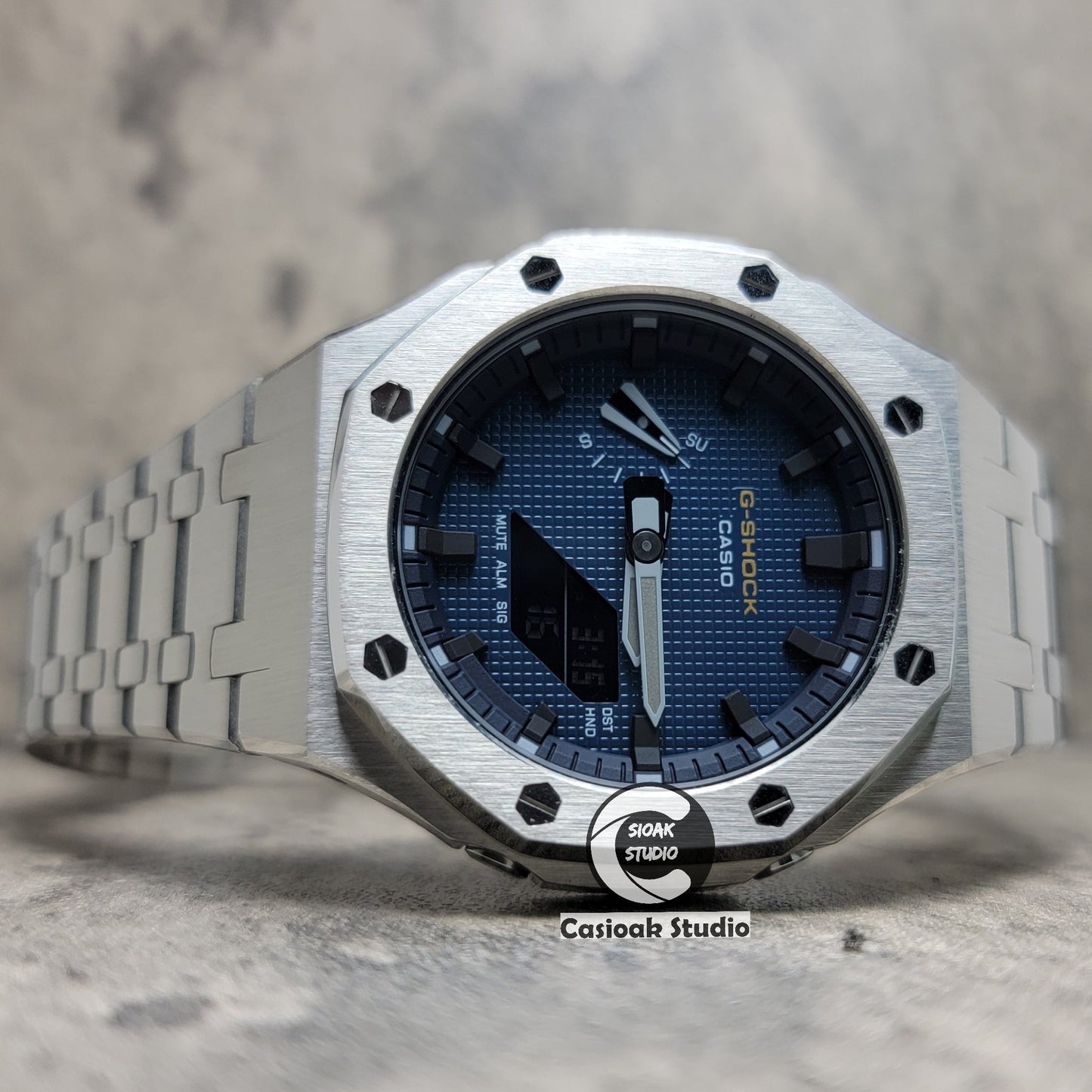 Casioak Mod Watch Silver Case Metal Strap Black Time Mark Blue Waffle Dial 44mm- Casioak Mod Casio G-Shock Royal Oak Custom Mens Luxury Watches Ga2100