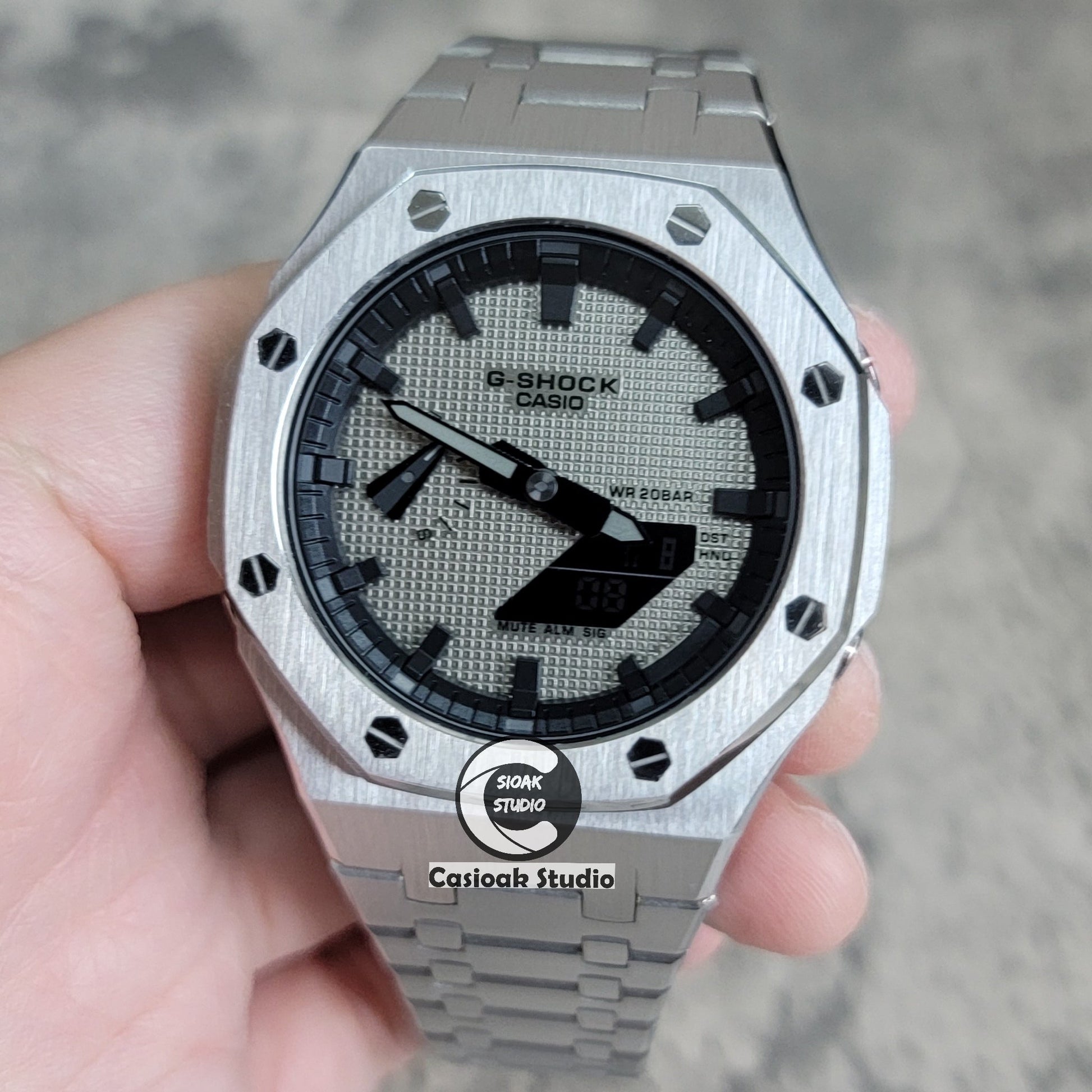 Casioak Mod Watch Silver Case Metal Strap Black Time Mark Gray Blue Dial 44mm- Casioak Mod Casio G-Shock Royal Oak Custom Mens Luxury Watches Ga2100