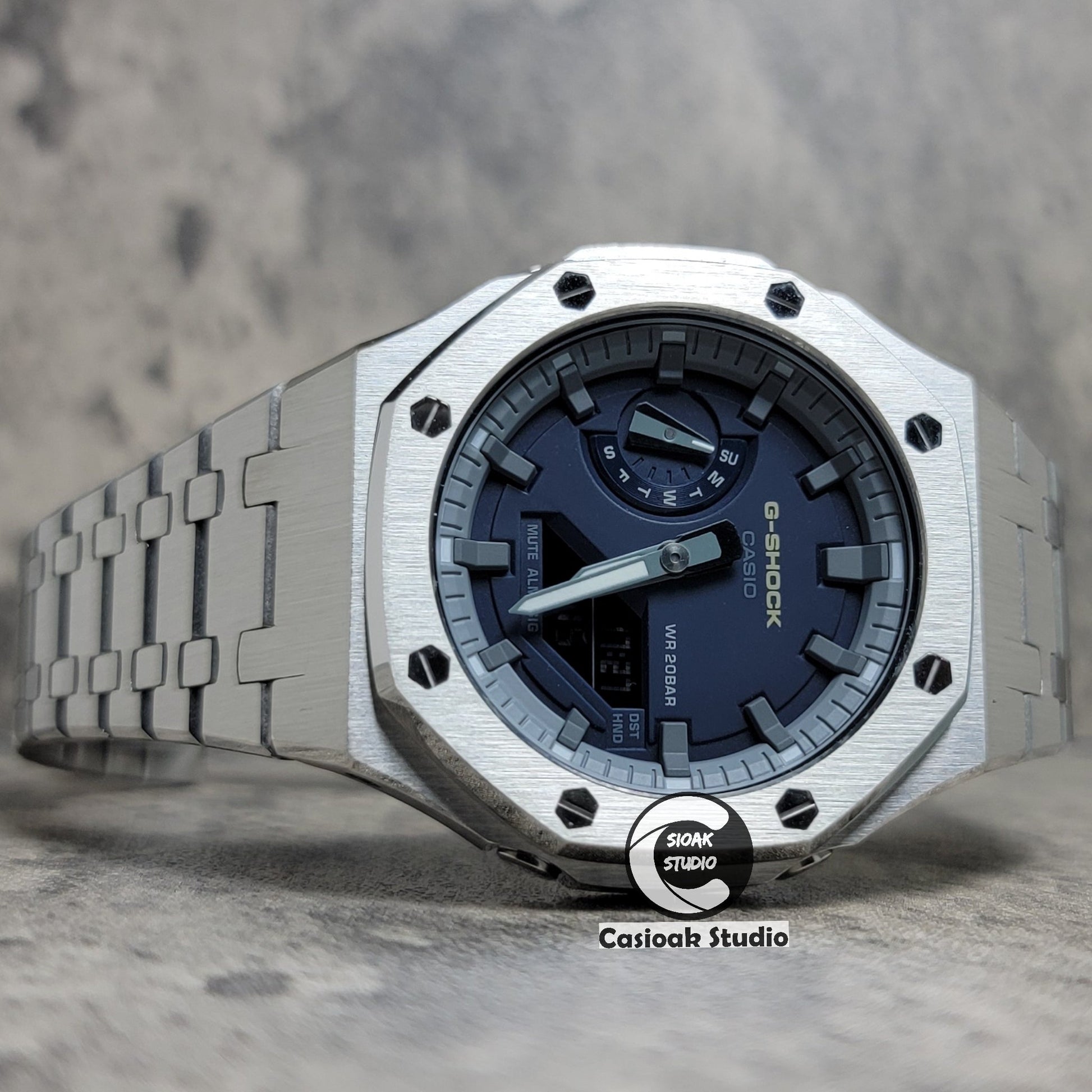 Casioak Mod Watch Silver Case Metal Strap Black Time Mark Navy Blue Dial 44mm- Casioak Mod Casio G-Shock Royal Oak Custom Mens Luxury Watches Ga2100