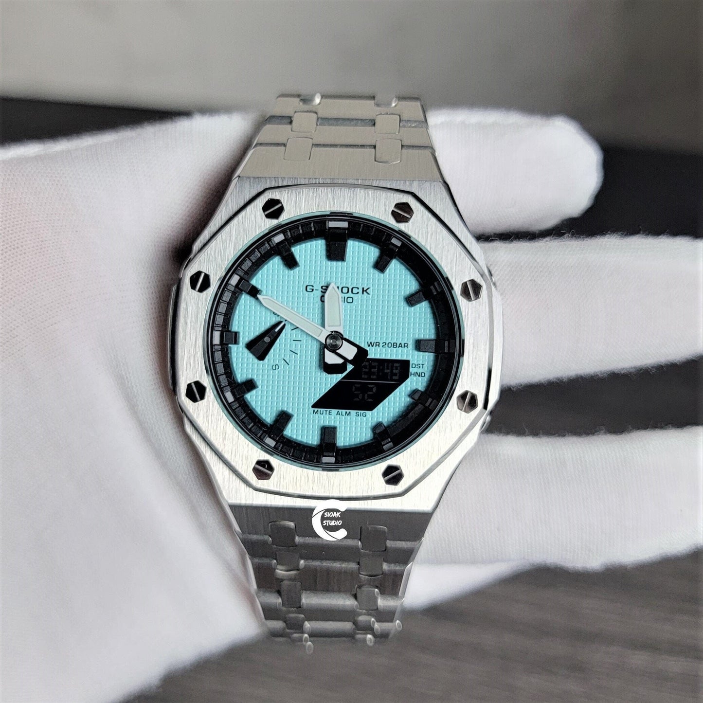 Casioak Mod Watch Silver Case Metal Strap Black Time Mark Tiff Blue Dial 44mm- Casioak Mod Casio G-Shock Royal Oak Custom Mens Luxury Watches Ga2100